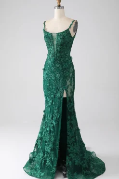 Sereia Verde Escuro Esparguete Correias Longo Vestido de Baile com Apliques
