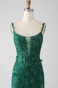 Sereia Verde Escuro Esparguete Correias Longo Vestido de Baile com Apliques