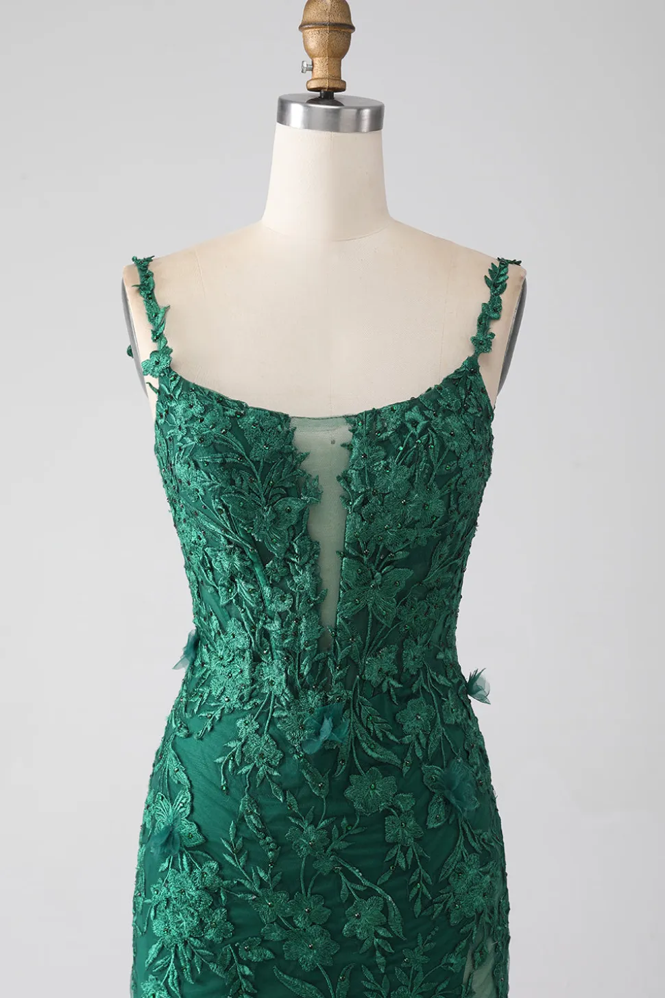 Sereia Verde Escuro Esparguete Correias Longo Vestido de Baile com Apliques