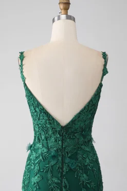 Sereia Verde Escuro Esparguete Correias Longo Vestido de Baile com Apliques