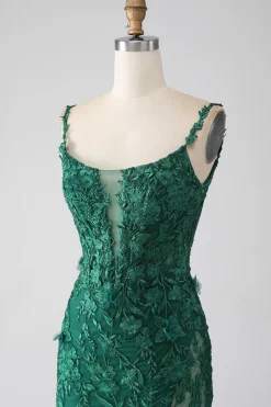 Sereia Verde Escuro Esparguete Correias Longo Vestido de Baile com Apliques