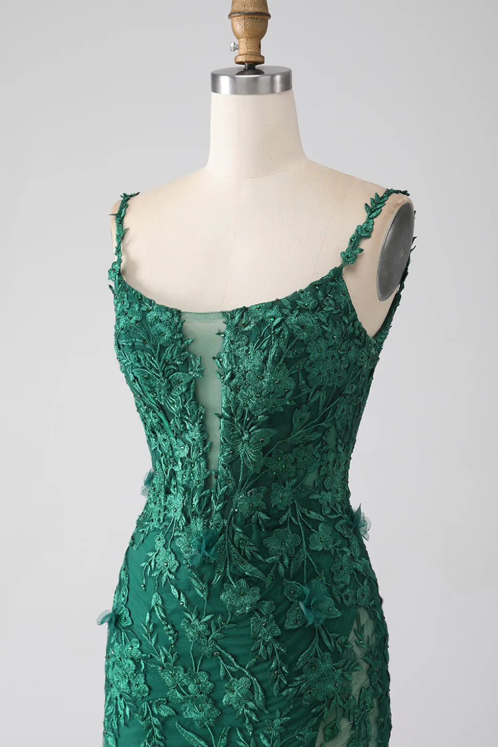 Sereia Verde Escuro Esparguete Correias Longo Vestido de Baile com Apliques