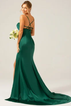 Sereia Verde Escuro Esparguete Correias Cetim Long Vestido de Dama de Honra com Plissado