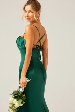 Sereia Verde Escuro Esparguete Correias Cetim Long Vestido de Dama de Honra com Plissado