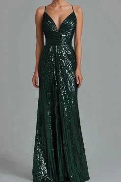 Sereia Verde Escuro Esparguete Alças Sequins Vestido Formal