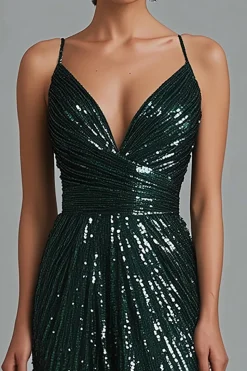 Sereia Verde Escuro Esparguete Alças Sequins Vestido Formal