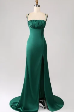 Sereia Verde Escuro Esparguete Correias Cetim Prom Vestido com Plissado