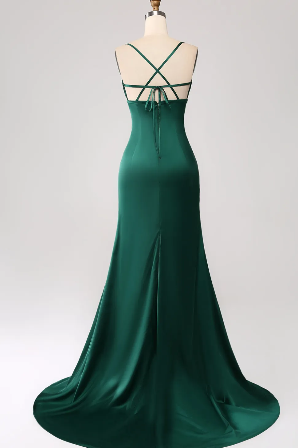 Sereia Verde Escuro Esparguete Correias Cetim Prom Vestido com Plissado