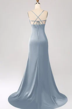 Sereia Verde Escuro Esparguete Correias Cetim Prom Vestido com Plissado