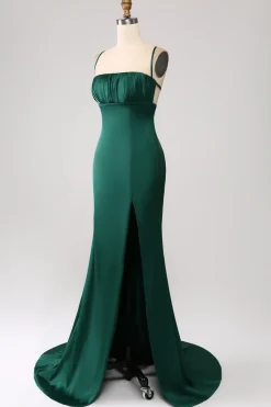 Sereia Verde Escuro Esparguete Correias Cetim Prom Vestido com Plissado