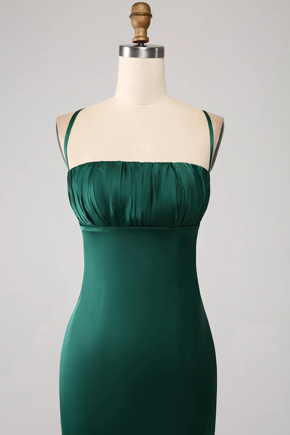 Sereia Verde Escuro Esparguete Correias Cetim Prom Vestido com Plissado
