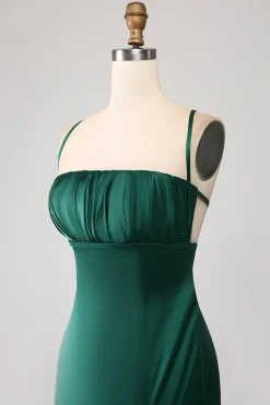 Sereia Verde Escuro Esparguete Correias Cetim Prom Vestido com Plissado