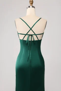 Sereia Verde Escuro Esparguete Correias Cetim Prom Vestido com Plissado