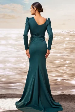 Sereia Verde Escuro Mangas Longas Vestido de Baile com Fenda