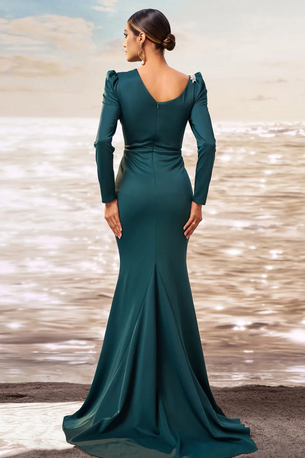 Sereia Verde Escuro Mangas Longas Vestido de Baile com Fenda
