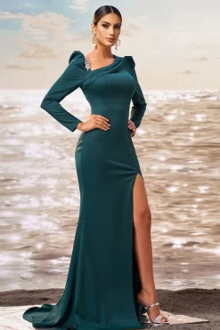 Sereia Verde Escuro Mangas Longas Vestido de Baile com Fenda