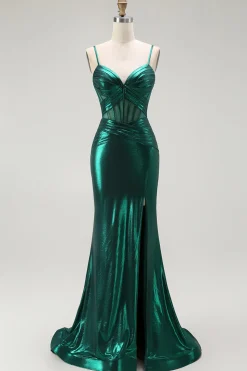 Sereia Verde Escuro Metálico Espartilho Longos Vestido Baile de Formatura com Fenda