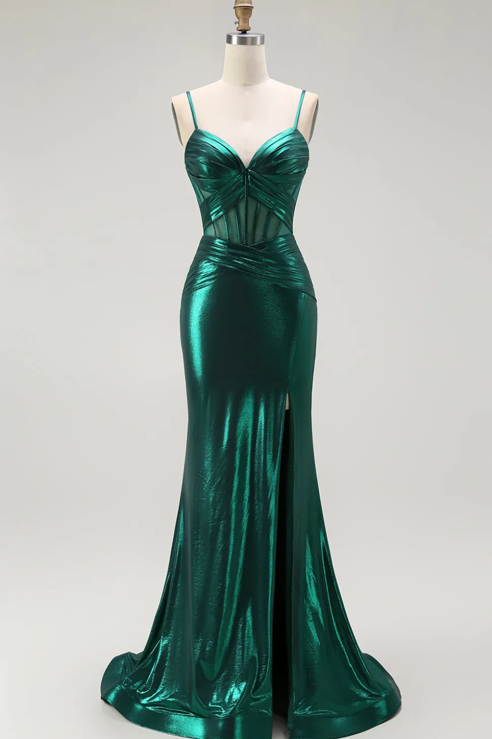 Sereia Verde Escuro Metálico Espartilho Longos Vestido Baile de Formatura com Fenda