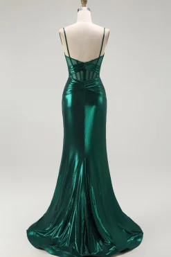 Sereia Verde Escuro Metálico Espartilho Longos Vestido Baile de Formatura com Fenda