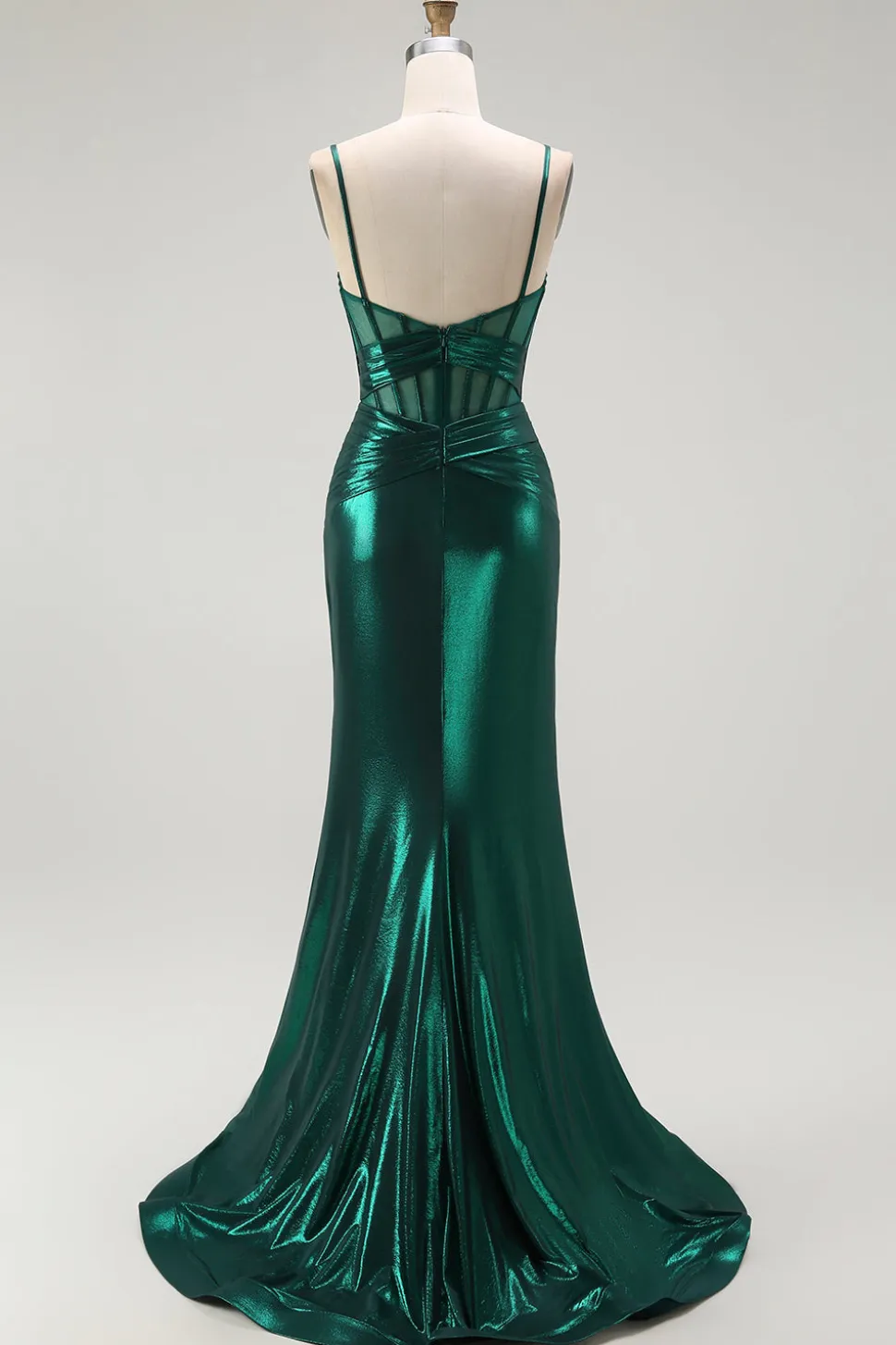 Sereia Verde Escuro Metálico Espartilho Longos Vestido Baile de Formatura com Fenda