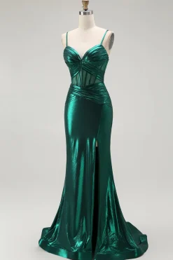 Sereia Verde Escuro Metálico Espartilho Longos Vestido Baile de Formatura com Fenda