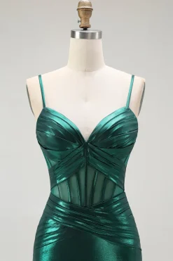 Sereia Verde Escuro Metálico Espartilho Longos Vestido Baile de Formatura com Fenda