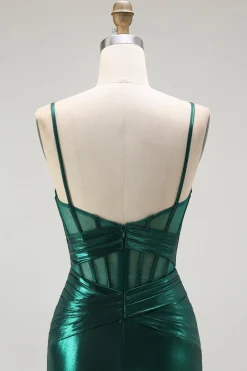 Sereia Verde Escuro Metálico Espartilho Longos Vestido Baile de Formatura com Fenda