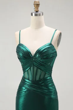 Sereia Verde Escuro Metálico Espartilho Longos Vestido Baile de Formatura com Fenda