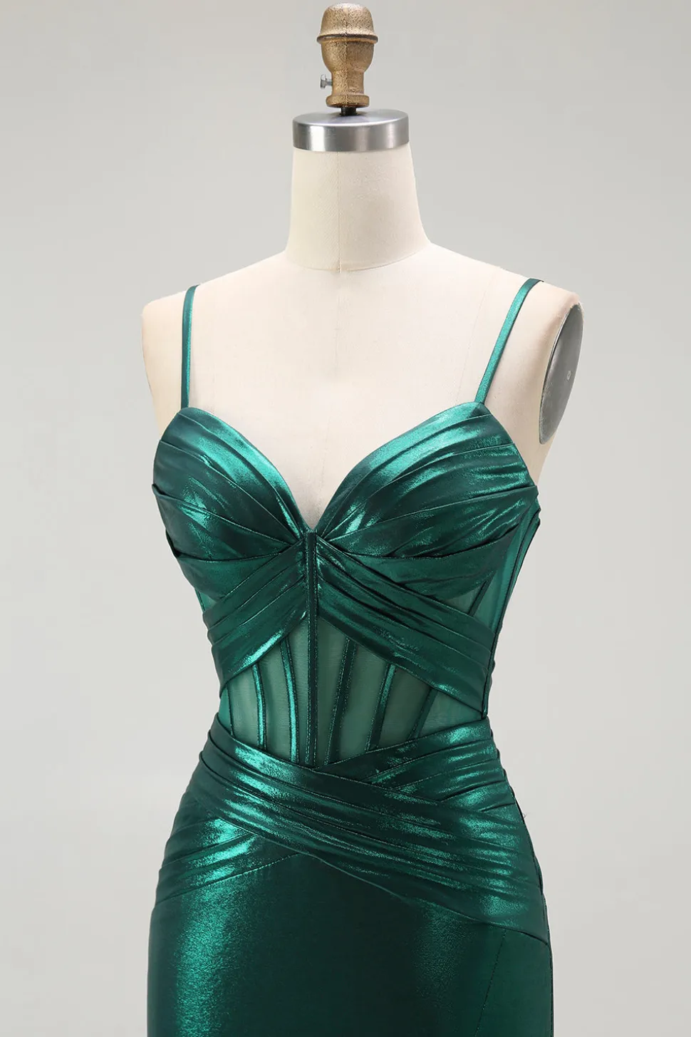 Sereia Verde Escuro Metálico Espartilho Longos Vestido Baile de Formatura com Fenda