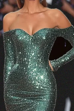 Sereia Verde Escuro Ombro Frio Sequins Vestido de Gala