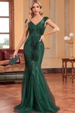 Sereia Verde Escuro Sequins Vestido Formal