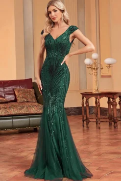 Sereia Verde Escuro Sequins Vestido Formal
