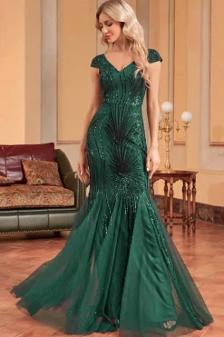 Sereia Verde Escuro Sequins Vestido Formal