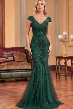 Sereia Verde Escuro Sequins Vestido Formal
