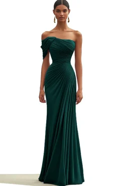 Sereia verde escuro um ombro plissado longo vestido formal