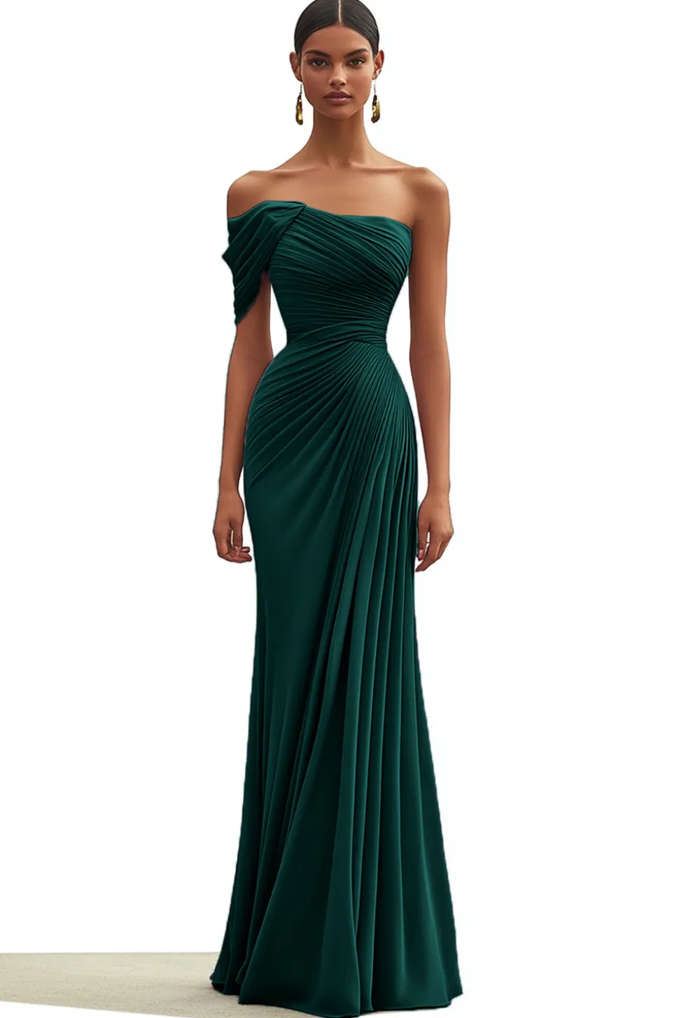 Sereia verde escuro um ombro plissado longo vestido formal