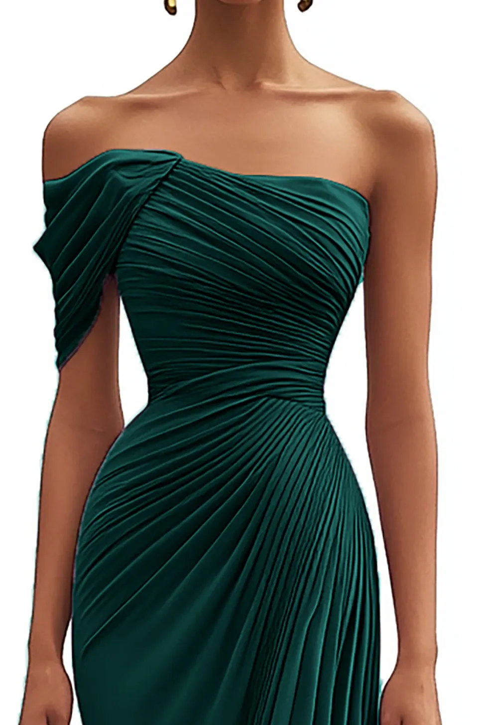 Sereia verde escuro um ombro plissado longo vestido formal