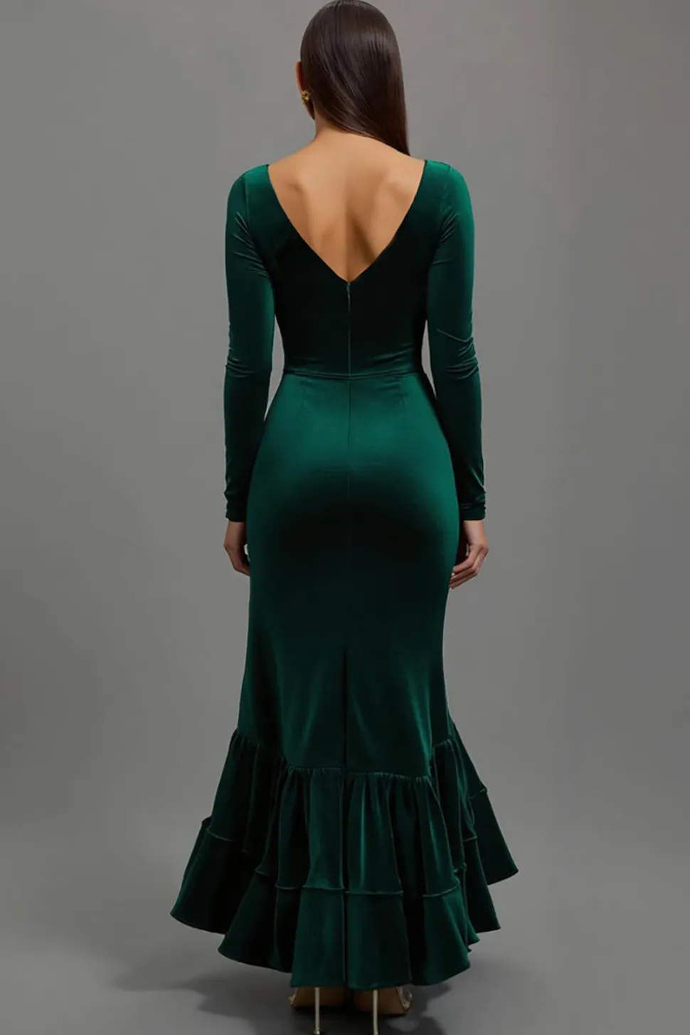 Sereia Verde Escuro Veludo Mangas Longas Vestido de Festa de Férias