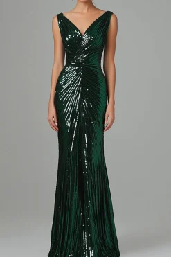 Sereia Verde Escuro V-Neck Sequins plissado vestido formal