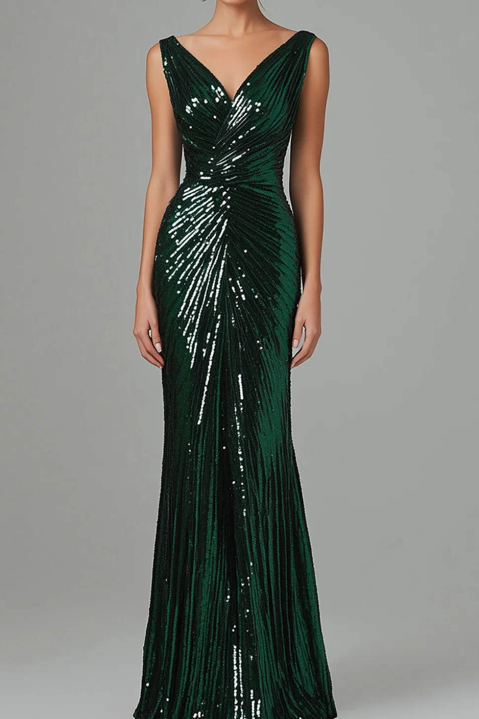 Sereia Verde Escuro V-Neck Sequins plissado vestido formal