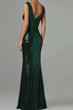 Sereia Verde Escuro V-Neck Sequins plissado vestido formal