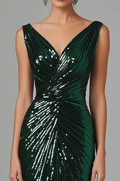 Sereia Verde Escuro V-Neck Sequins plissado vestido formal