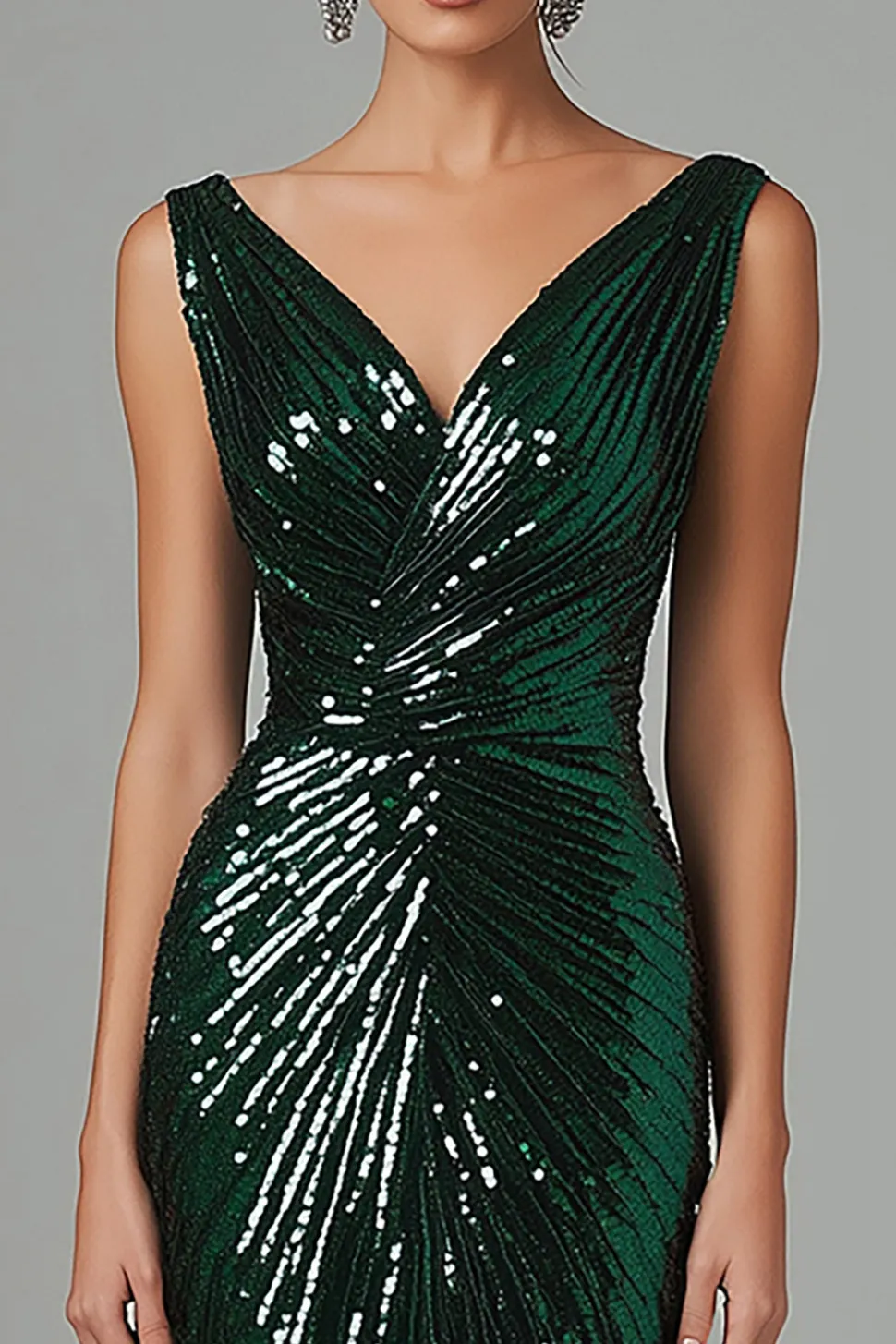 Sereia Verde Escuro V-Neck Sequins plissado vestido formal