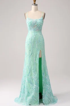Sereia Verde Esparguete Correias Sequins Long Prom Dress com Fenda