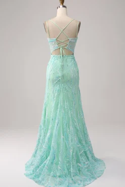 Sereia Verde Esparguete Correias Sequins Long Prom Dress com Fenda