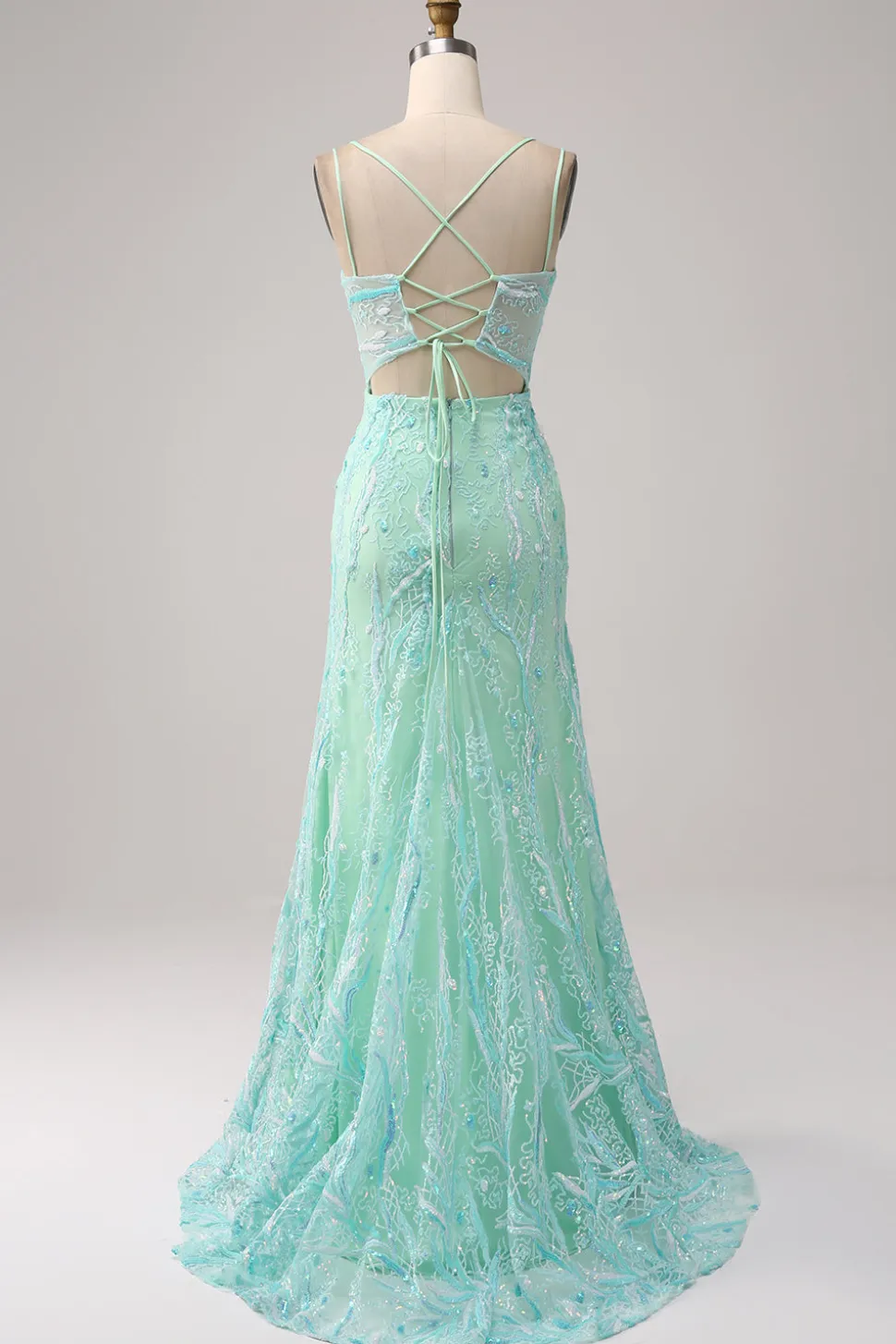 Sereia Verde Esparguete Correias Sequins Long Prom Dress com Fenda