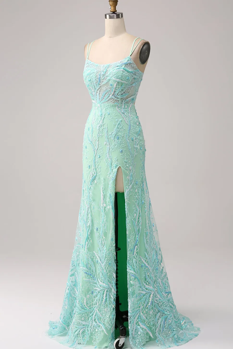 Sereia Verde Esparguete Correias Sequins Long Prom Dress com Fenda