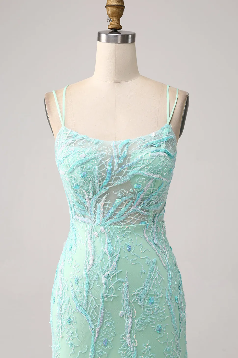 Sereia Verde Esparguete Correias Sequins Long Prom Dress com Fenda