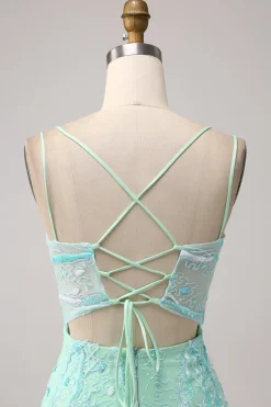 Sereia Verde Esparguete Correias Sequins Long Prom Dress com Fenda