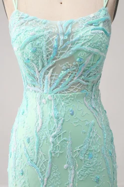 Sereia Verde Esparguete Correias Sequins Long Prom Dress com Fenda